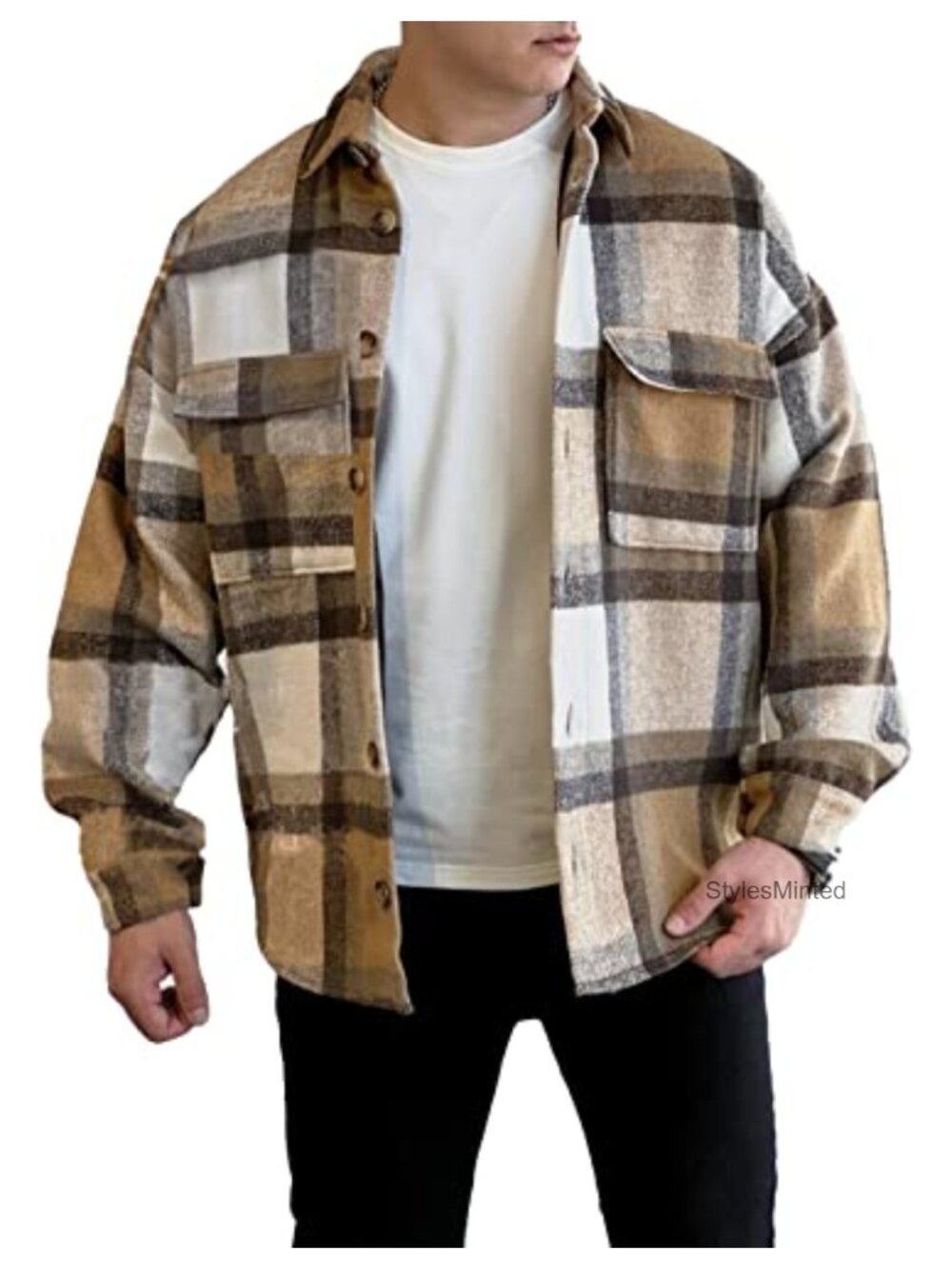 Plaid Wool Blend Fleece Shacket Button Up Long Sleeve Shirt Coat